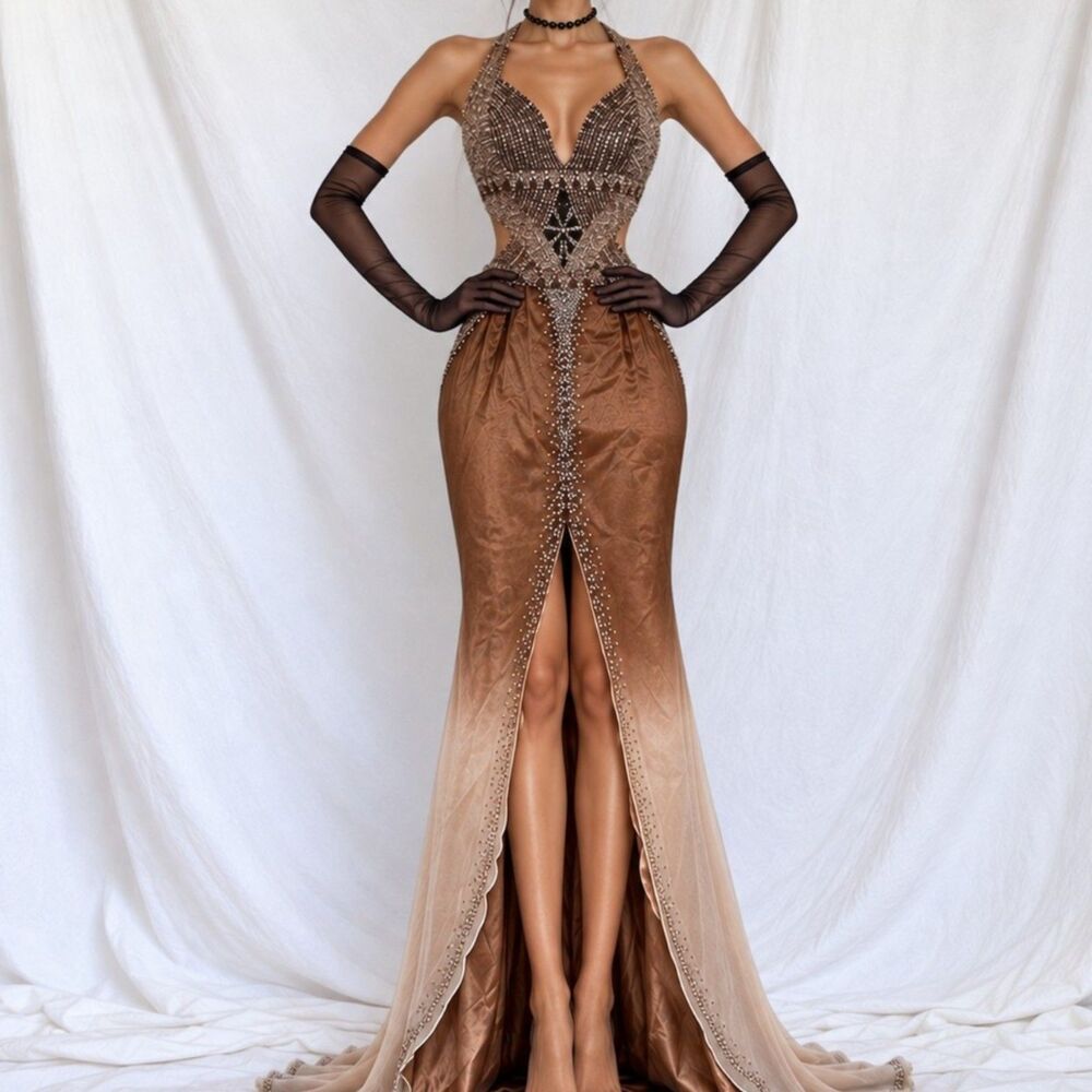 Vintage Y2K Brown Silk Ombre Beaded Halter Front Slit Maxi Prom Dress Size XS/S